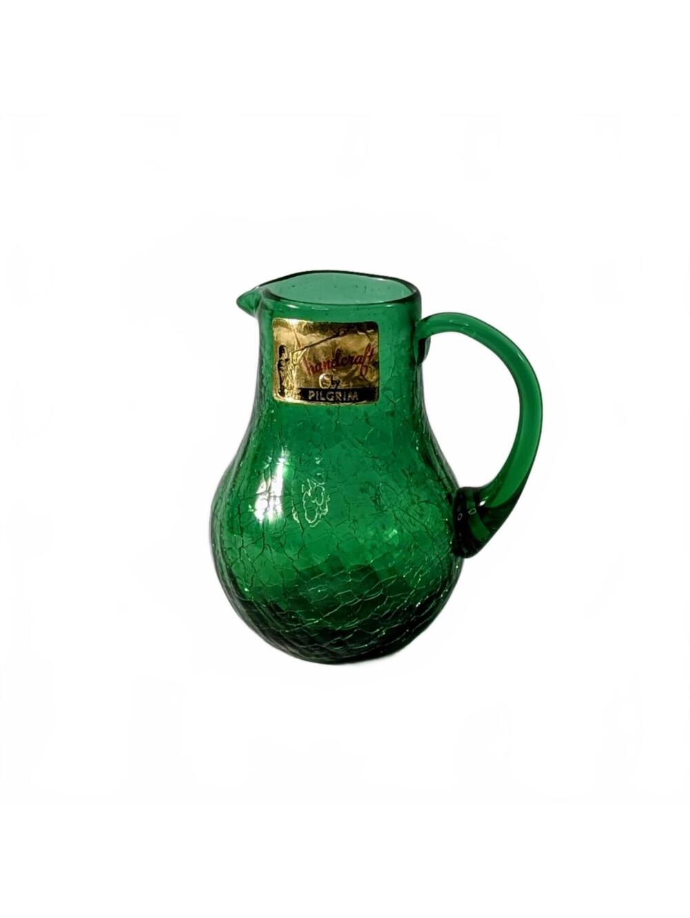 Vtg Pilgrim Green Hand-blown Crackle Glass Pitcher, 3.5"